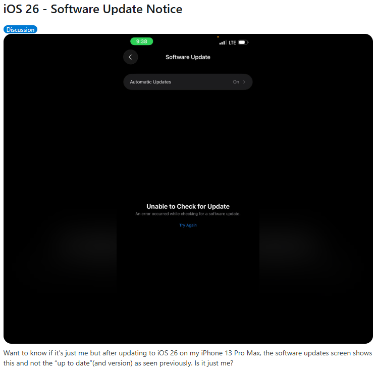 unable to check for update ios 26 from reddit