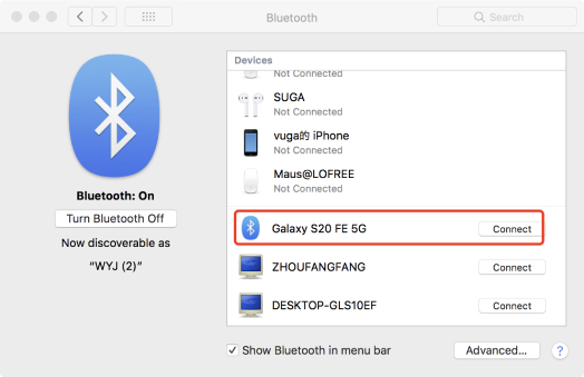 connect samsung phone to mac via bluetooth